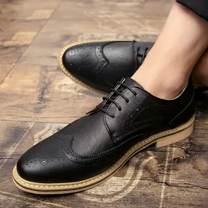 Brand GGOR Men'S Pointed Toe Leather Shoes British Style Trendy Retro Brogue Pattern Men'S Shoes Business Casual Formal Lace-Up Leather Shoes