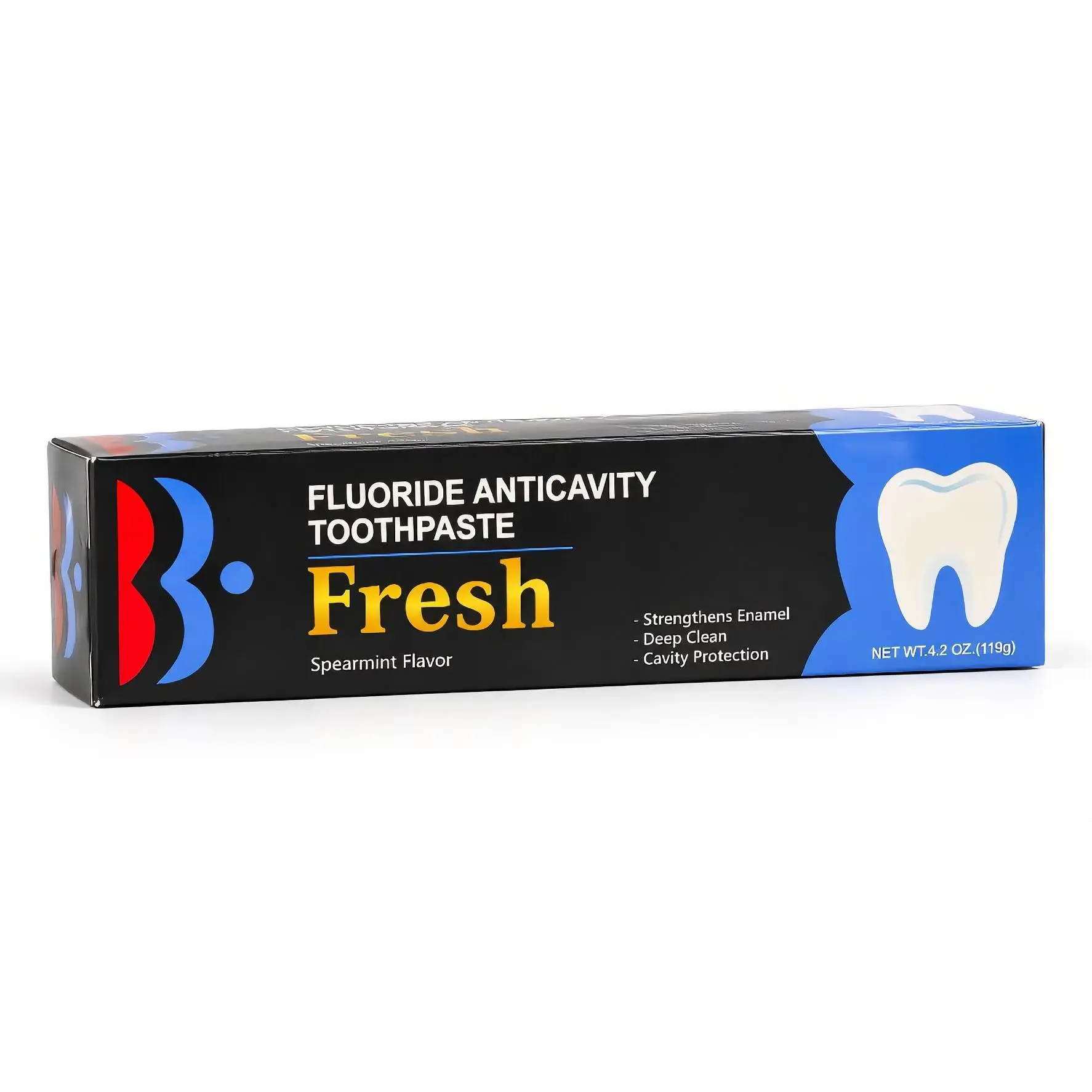 Fresh Fluoride Anticavity Toothpaste - Spearmint Flavor, 4.2 oz, Strengthens Enamel, Deep Clean, Cavity Protection, Black and Blue