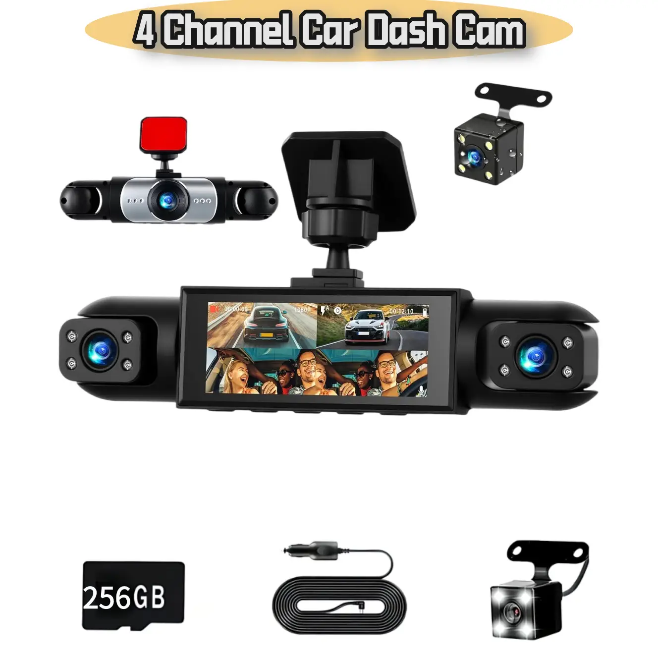 LASATE 4/3/2 Channel Car Dash Cam 1080P DVR with 64/128/256GB Memory Card Night Vision 24/7 Parking Mode HD Screen Front Rear Left Right Dashcam Motio