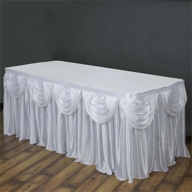 Satin Table Skirt 14ft White Pleated Double Drape Design - Soft & Stylish for Events, Modern Elegant Decoration, Party Accessory