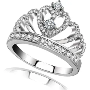 Princess Queen Crown Rings for Women Eternity Heart-Shaped Promise Ring Zircon Jewelry