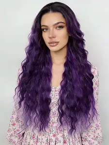 26 Inch Ombre Purple Curly Lace Front Wigs Wet And Wavy 13x4 Lace Front Synthetic Wig Dark Root High Temperature Fiber Daily Wear Easy Styling 150% Density Cosplay