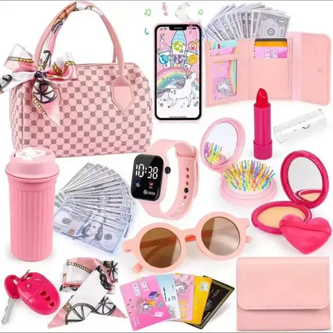Easter Gift 32PCS Kids Eid Al-Adha Toddler Purse with Pretend Makeup for Kids, Princess Toys Includes Handbag, Phone, Wristwatch, Silk Scarf Kids Toy Purse Birthday Gift for Girls 3 4 5 6 +
