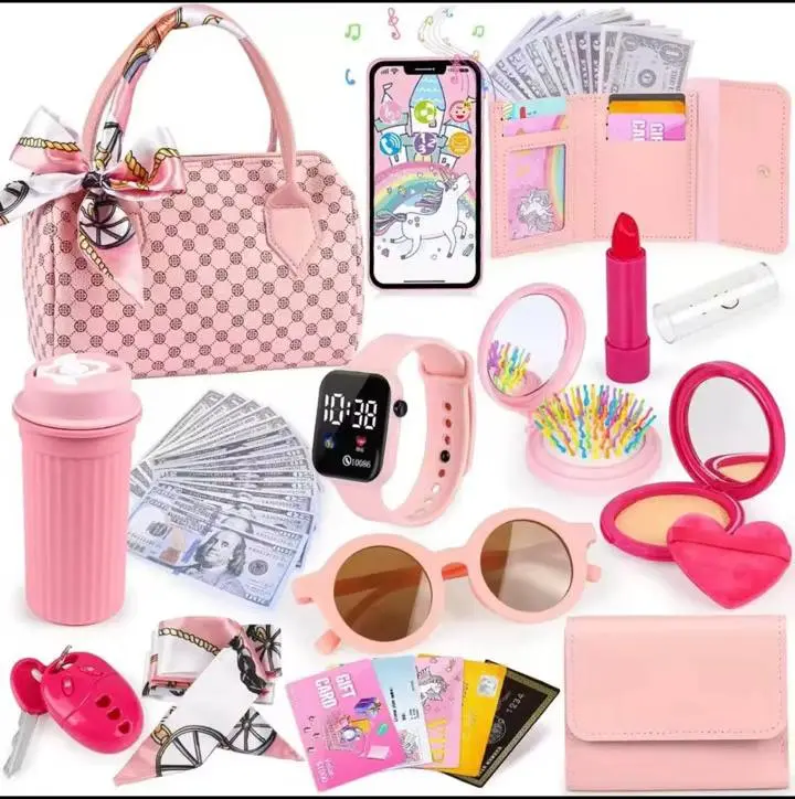Easter Gift 32PCS Kids Eid Al-Adha Toddler Purse with Pretend Makeup for Kids, Princess Toys Includes Handbag, Phone, Wristwatch, Silk Scarf Kids Toy Purse Birthday Gift for Girls 3 4 5 6 +
