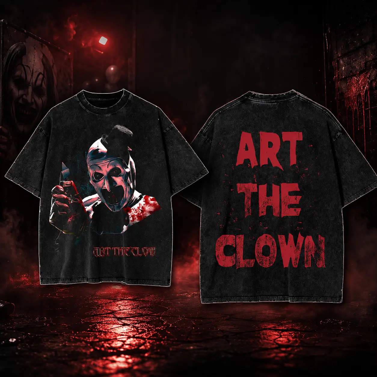 Men's Scary Terrifier Art the Clown Graphic T-Shirt - Premium Soft Acid Cotton, Loose Round Neck Crewneck, Halloween Costume Outfit Oversized Menswear Top