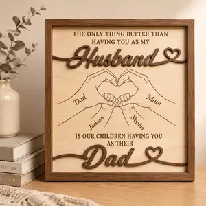 [Only Sign]  Personalized Family Hands Heart Wooden Sign, Custom Dad Mom Hands Heart Sign with Kids Names, Father’s Day Gift for Husband Dad