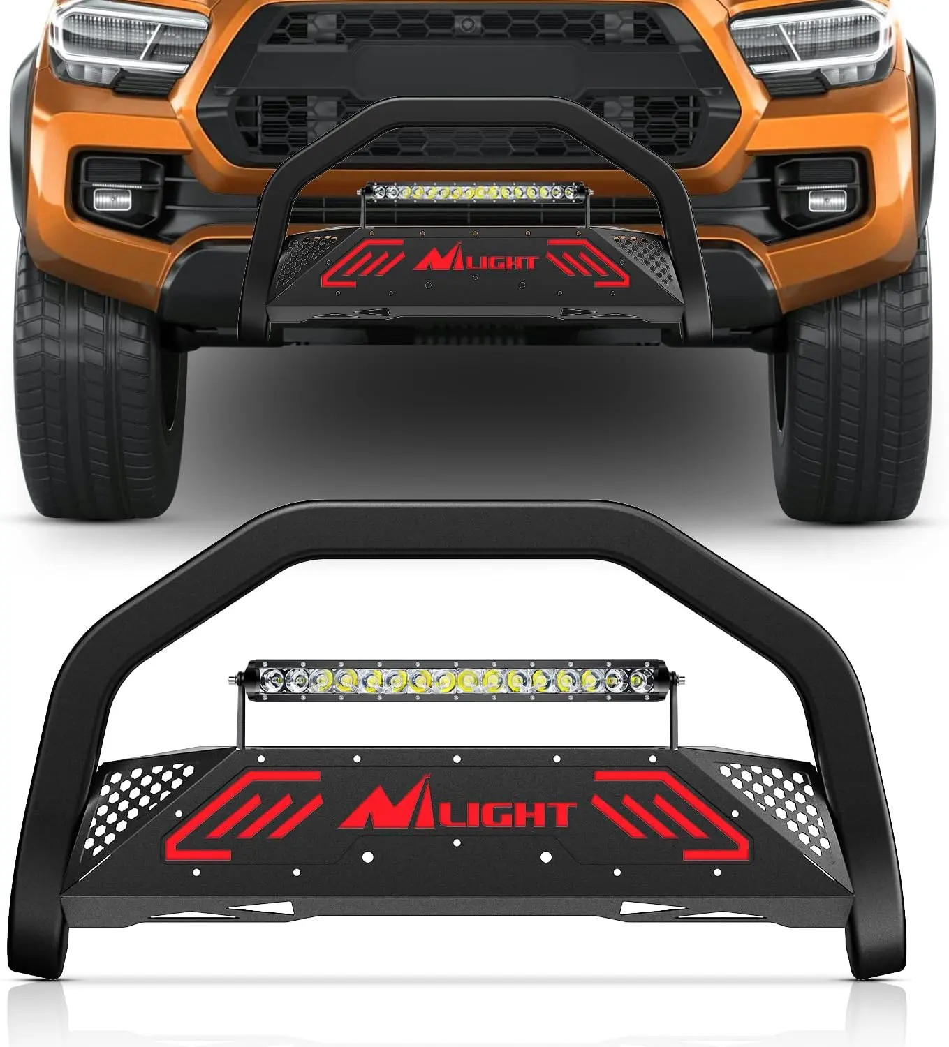 Nilight Bull Bar with Light Bar&License Plate Hole Compatible with Toyota Tacoma 2016 2017 2018 2019 2020 2021 2022 2023 Truck Brush Guard, Front Bumper Push Bar w/Grille Skid Plate Light Mount, Led Light Bar