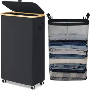 Slim Laundry Basket with Wheels and Lid, 75L Rolling Laundry Hamper for Dorm Home Decor, Large Clothes Hamper with Bamboo Frame Removable Bag, Black, 17" x 9.8" x 29.5"
