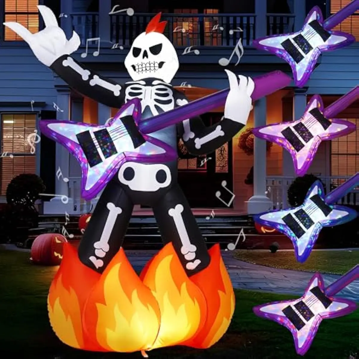 6ft Halloween Inflatable Skeleton Plays Guitar, Spooky Inflatable Skeleton with Music and Color LED Lights, Blow Up Yard Decoration for Halloween Outdoor Decoration, Garden Lawn Party Decor