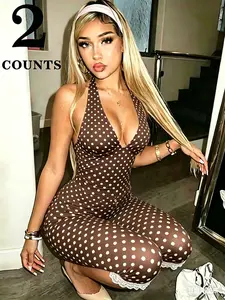 Women's Polka Dot Halter Seven-Quarter Bodysuit, Summer Versatile Deep V Design, High Waist Fitted, Lace Trim, Elastic Soft Fabric