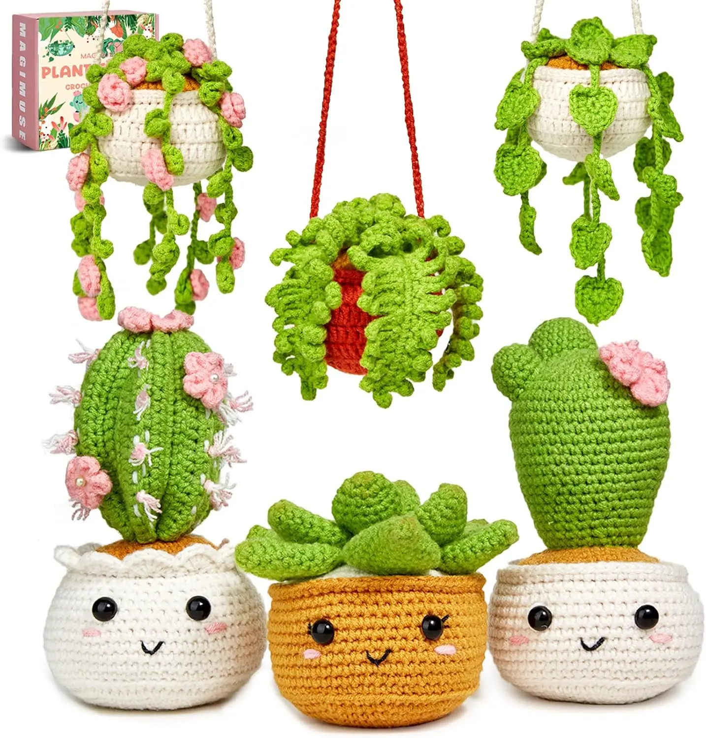Crochet Kit for Beginners, Crochet Starter Kits, Amigurumi Craft Knitting Crocheting Kits with Step-by-Step Video Tutorials, 6 Pack Hanging Potted Plants Family(40%+ Yarn)