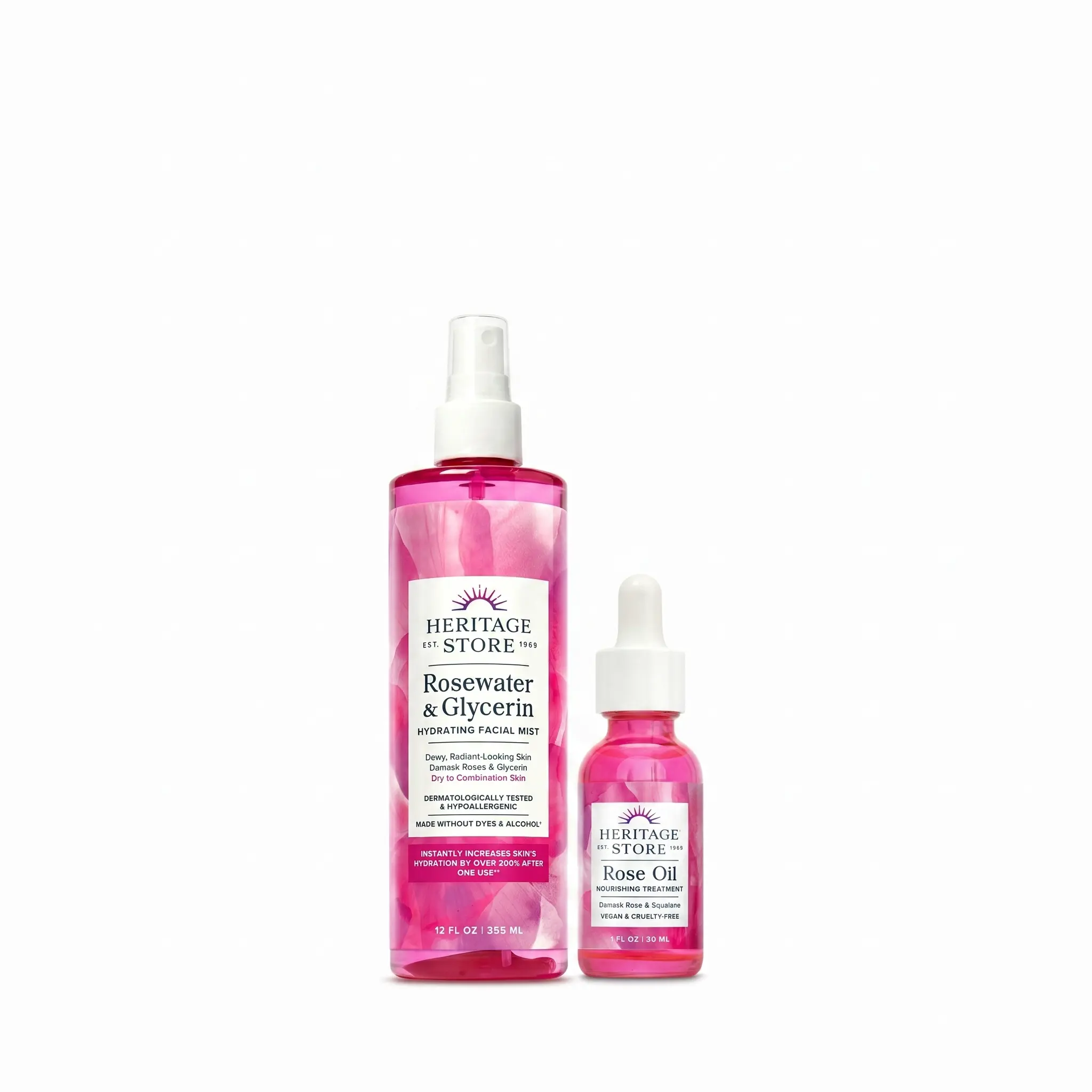 HERITAGE STORE Iconic Hydration 2-Piece Skincare Set - Scented Rosewater & Glycerin Facial Mist (12 oz), Face Oil for Radiant Glow, Dewy Makeup Prep, Moisturizers & Mists for Dry/Combination Skin, Flawless Glow, Soft Skin