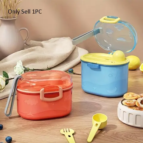 Portable Double Layer Formula Dispenser On The Go with Spork & Lid, 1pc Professional Milk Powder Storage Box with Silicone Seal Ring & Lock, Non Sticky Formula Suitable for Home & Outdoor, Plastic Milk Container