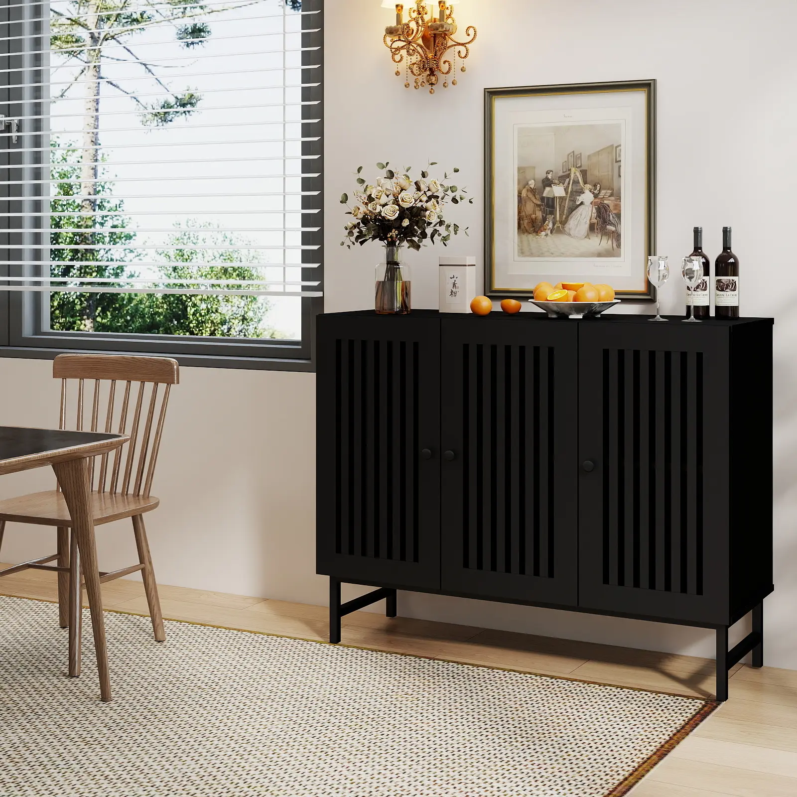 Freestanding buffet sideboard, a modern farmhouse-style storage cabinet with 3 louvered doors, a 40-inch farmhouse modern style sideboard with adjustable shelves, a freestanding storage cabinet suitable for dining rooms, living rooms, and kitchens tiktoks