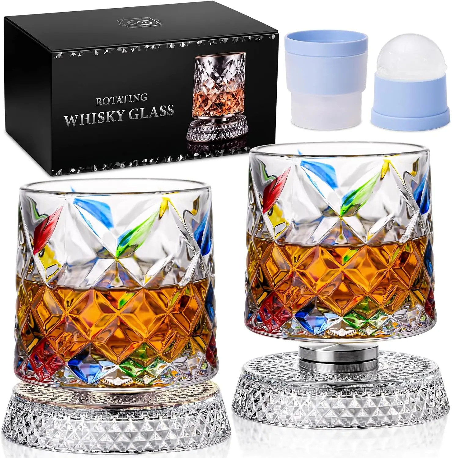 Hand-Painted Spinning Old Fashioned Glass Set of 2, 9oz 360° Rotating Whiskey Glass with Ice Ball Molds, Ice Crackle Rotating Bourbon Tumbler for Cocktails & Rocks, Unique Home Bar Gift for Men Father’s Day Housewarming
