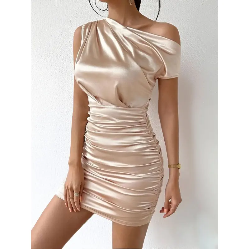 Women's Plain Ruched Asymmetrical Neck Satin Bodycon Dress, Elegant Short Dress for Party Club Dating Wear, Ladies Summer Clothes