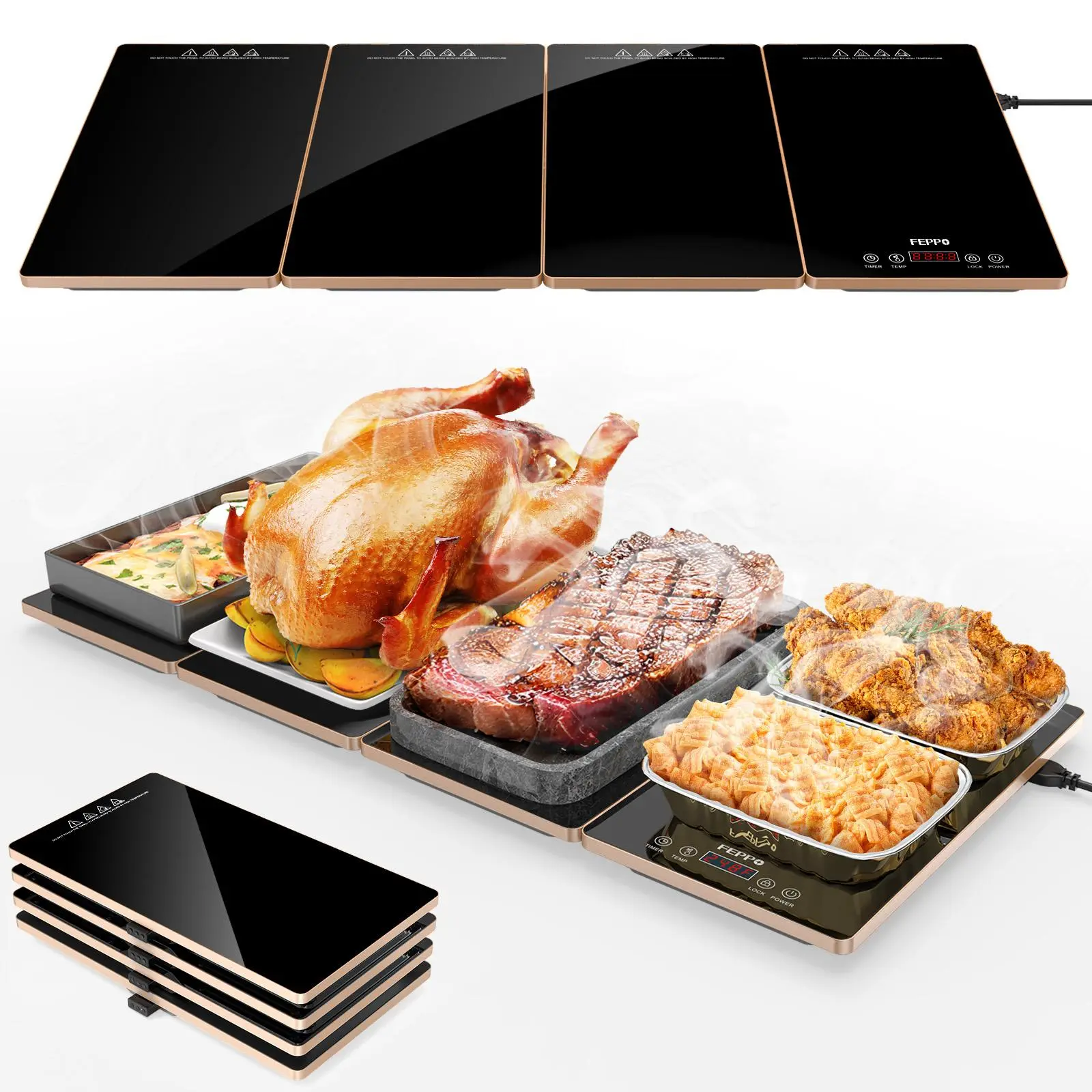 FEPPO Electric Warming Tray, 4-in-1 Food Warmers for Parties Buffet 33""""x15"""" Glass Surface Warming Mat for Food, 10 Temp Settings and Timer, Modular Buffet Hot Plates for Catering and Gatherings