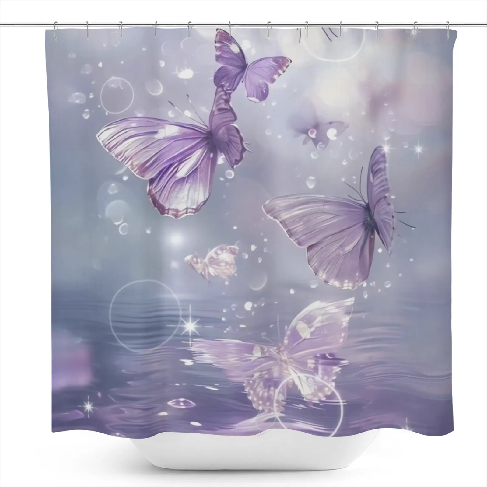 1Pc Lavender Purple Butterfly Water Reflection Pattern Washable Waterproof Polyester Shower Curtain, 71in W X 71in H, 12 Hooks Included, Modern Art Design, All-Season Bathroom Decoration