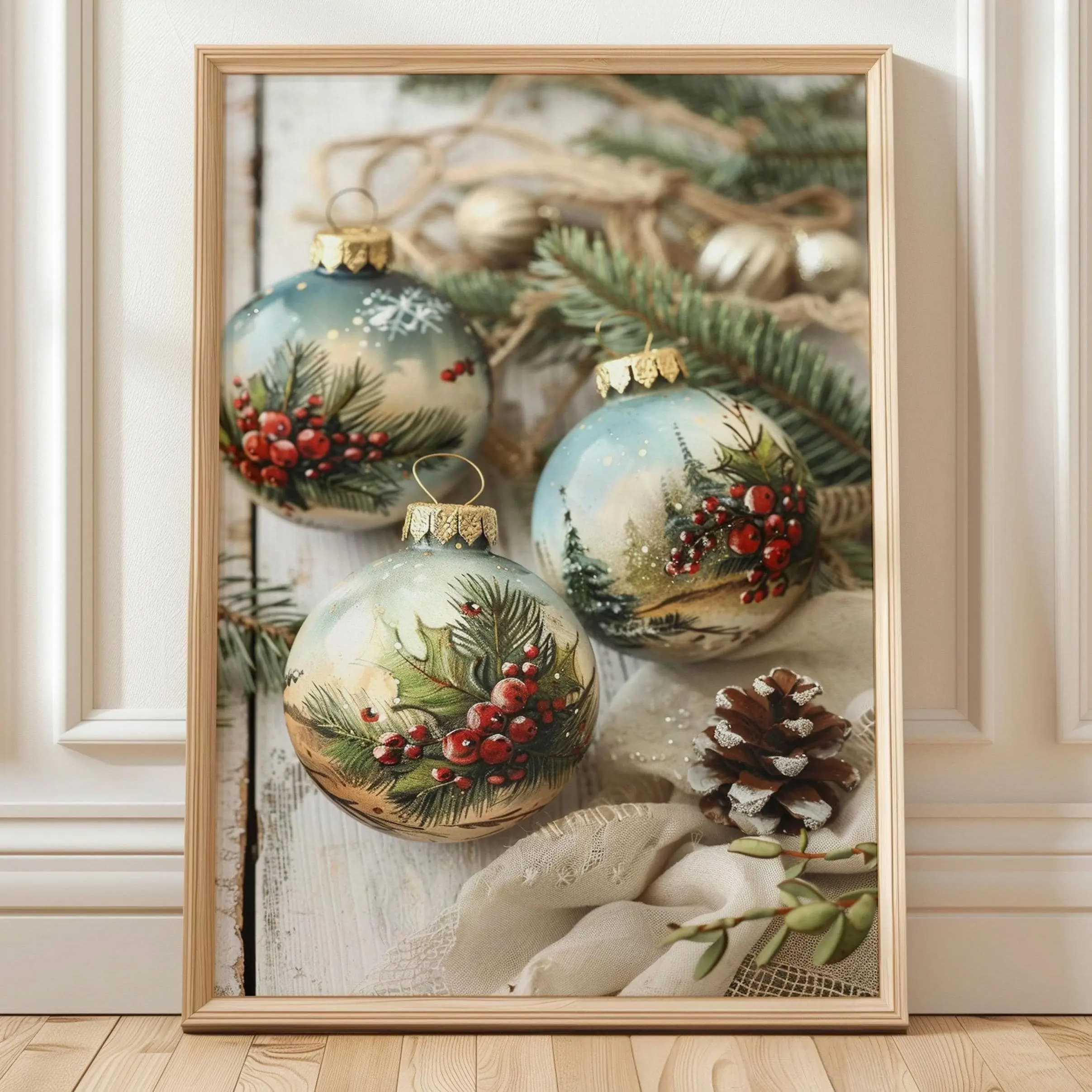 [SALE UP TO 40%] [Unframed] Vintage Christmas Ornament Art Print, Teal, Cream Shabby Chic, Festive Wall Decor