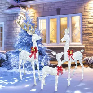 Lighted Christmas Decoration Deer 3 Piece, Light up Christmas Decor Reindeer Family Set for Indoor Outdoor Front Yard Porch with LED Lights, Plug, Ground Stakes - White