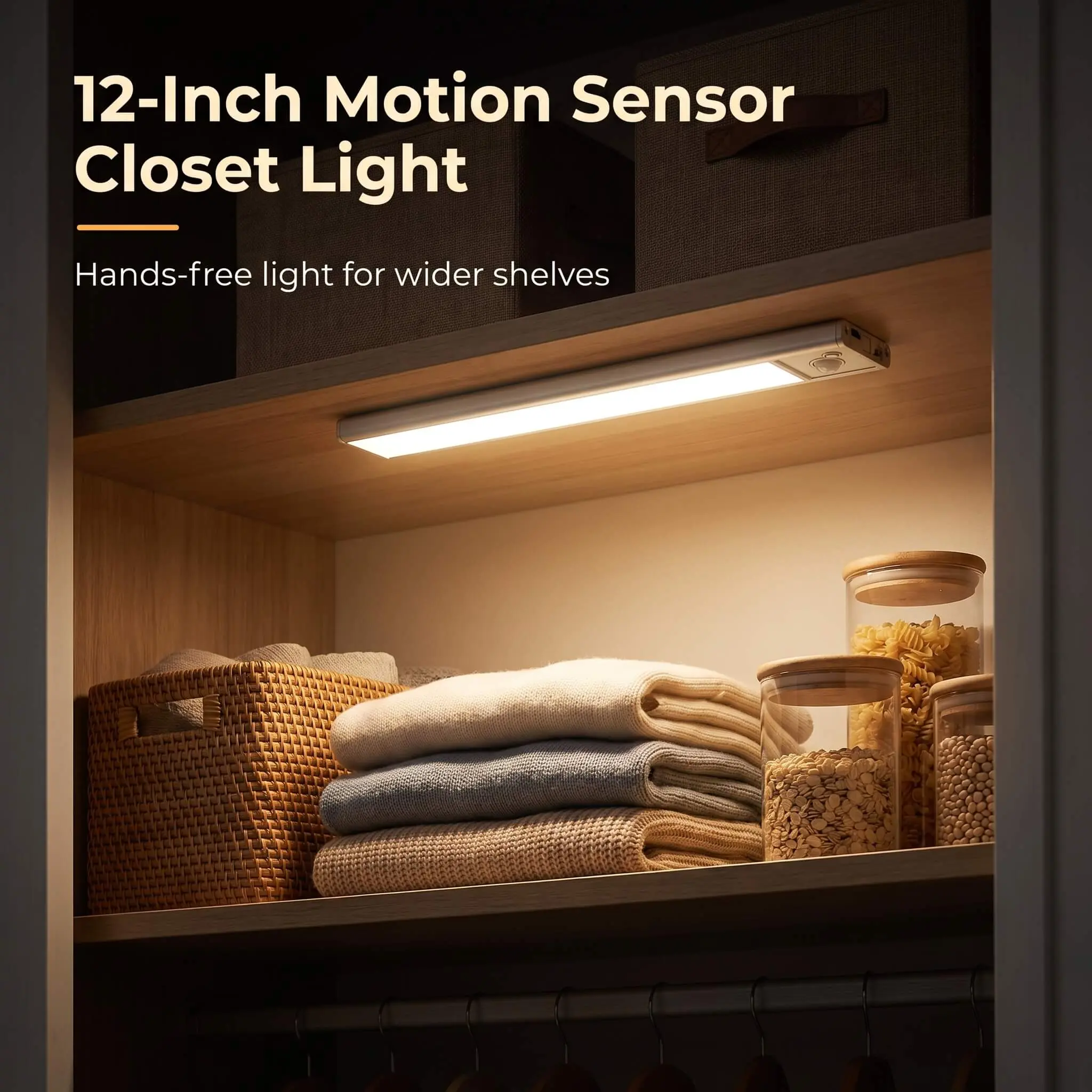 12-Inch Rechargeable Motion Sensor Closet Lights, 3-Color Dimmable Magnetic LED Light Bars for Pantry and Stairs, 2/4/8 Pack
