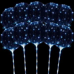 LED Balloons Light Up, 10 Pack LED Balloons with Sticks, 20 Inch Clear Bobo Balloon with Lights Helium Glow Bubble Lights for Party Supplies Valentines Decor (Blue)