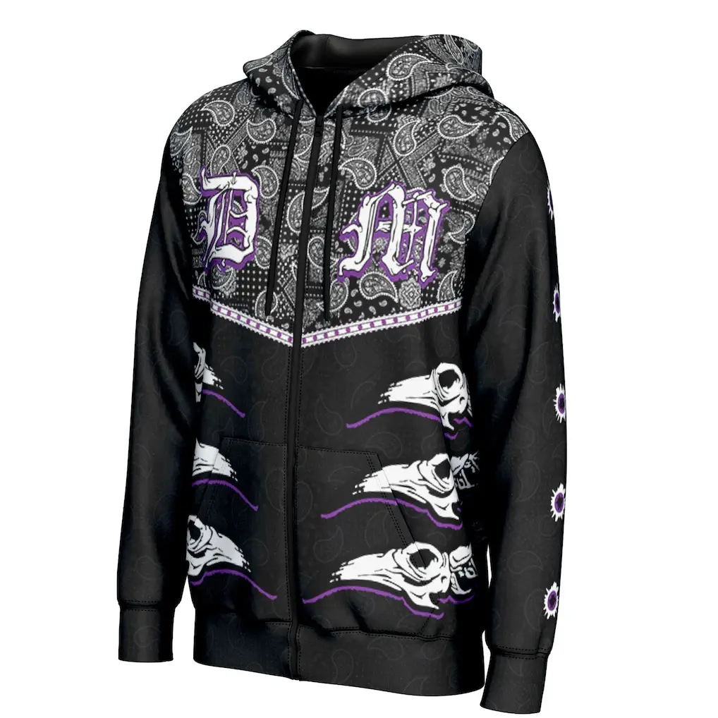 Dominik Mysterio WWE 3D Zip Hoodie Black Purple Paisley Bandana