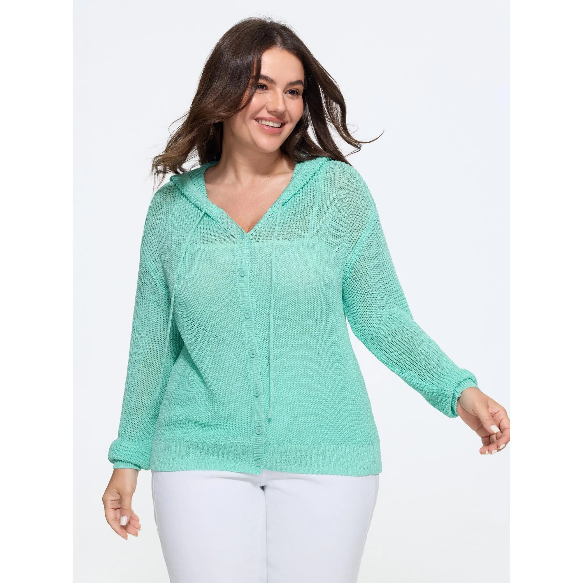 BloomChic Button‑Front Breathable Drawstring Hooded Cardigan 【M-6XL】
