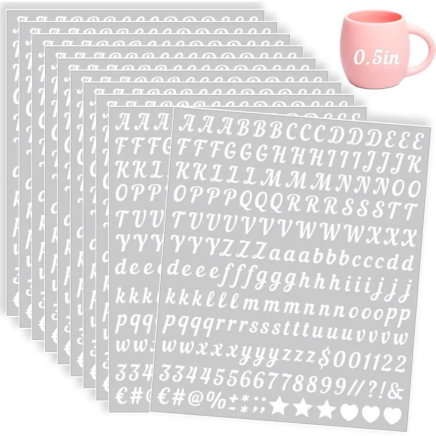 2000 count 10 Sheets Vinyl Letter Stickers Small, 1/2 Inch Cursive Letter, Self-Adhesive  Alphabet Numbers for Scrapbooking Arts Crafts Water Bottle Mailbox DIY (White)