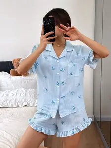 Women's Blue Bow Short Pajamas Set, Soft Skin-Friendly Sleepwear, Fitted Design, Cute Style, All Seasons Wear