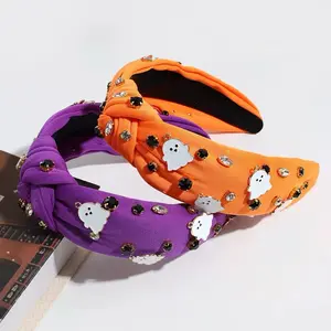 Cute Ghost Fabric Knotted Halloween Headbands in Orange and Purple with Sparkling Accents