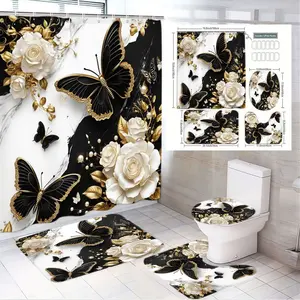 1/4pcs Black White Marble Rose Butterfly Bathroom Set, Shower Curtain Sets - Shower Curtain, Bath Mat, Toilet Lid Cover & Tank Sticker with Golden Accents | Gold White Black Floral Decor for Bathroom, Bathroom Decoration Accessories