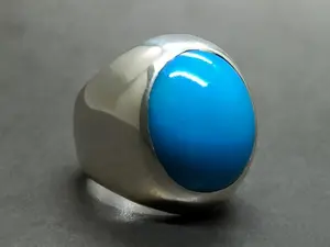 Natural Cabochon 28 Carat Big Neshapuri Feroza Sterling Silver 925 Handmade Turquoise Men's Plain Heavy Ring