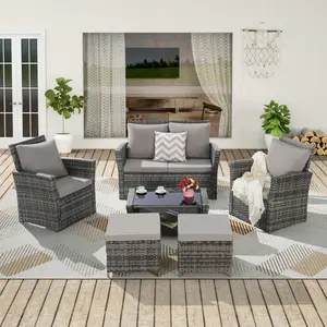 7 Pieces Patio Furniture Set, Wicker Conversation Set Rattan Sectional Loveseat Chair Set with Ottoman & Tempered Glass Coffee Table,Wicker Chairs and Table Set for Porch, Garden, Balcony