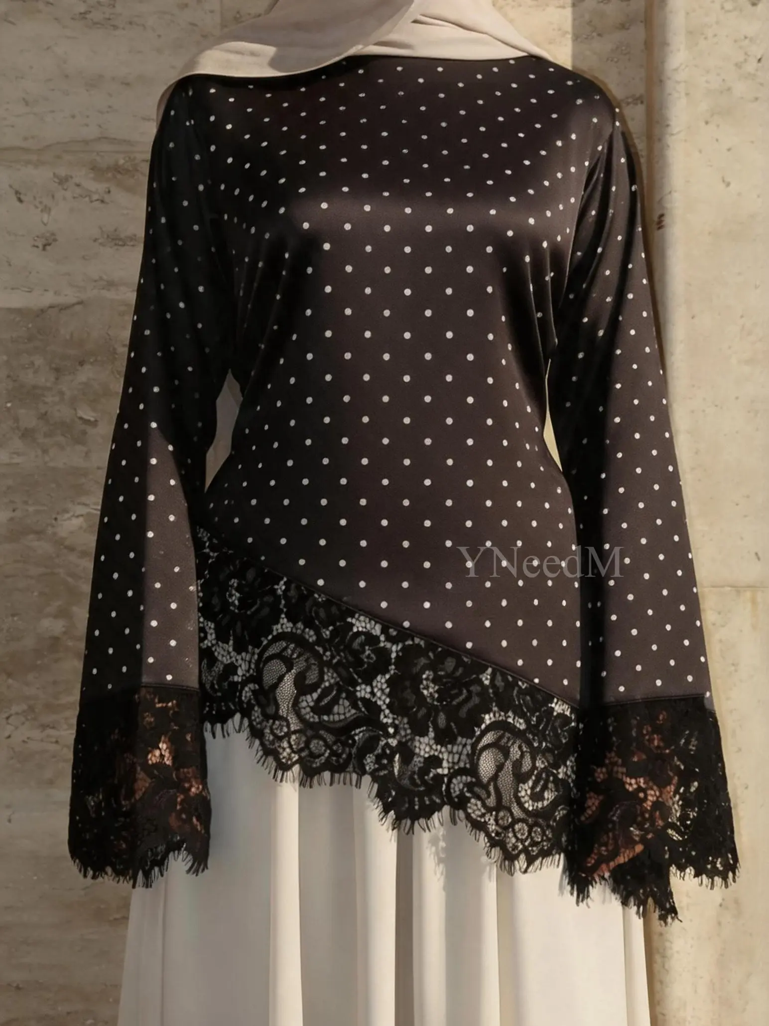Women's Modest Polka Dot Satin Blouse - Lace Trim, Smooth Tie-Back, Comfortable Garment Fit, Elegance-Focused, Sizes 6-12 #MS633