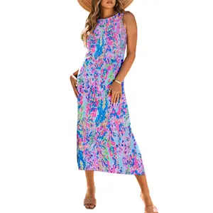 Asvivid Women's Summer Casual Abstract Floral Print Sleeveless Side Slit Maxi Dress Beach Vacation Outfits Sundress Bodycon Side Slit Womenswear
