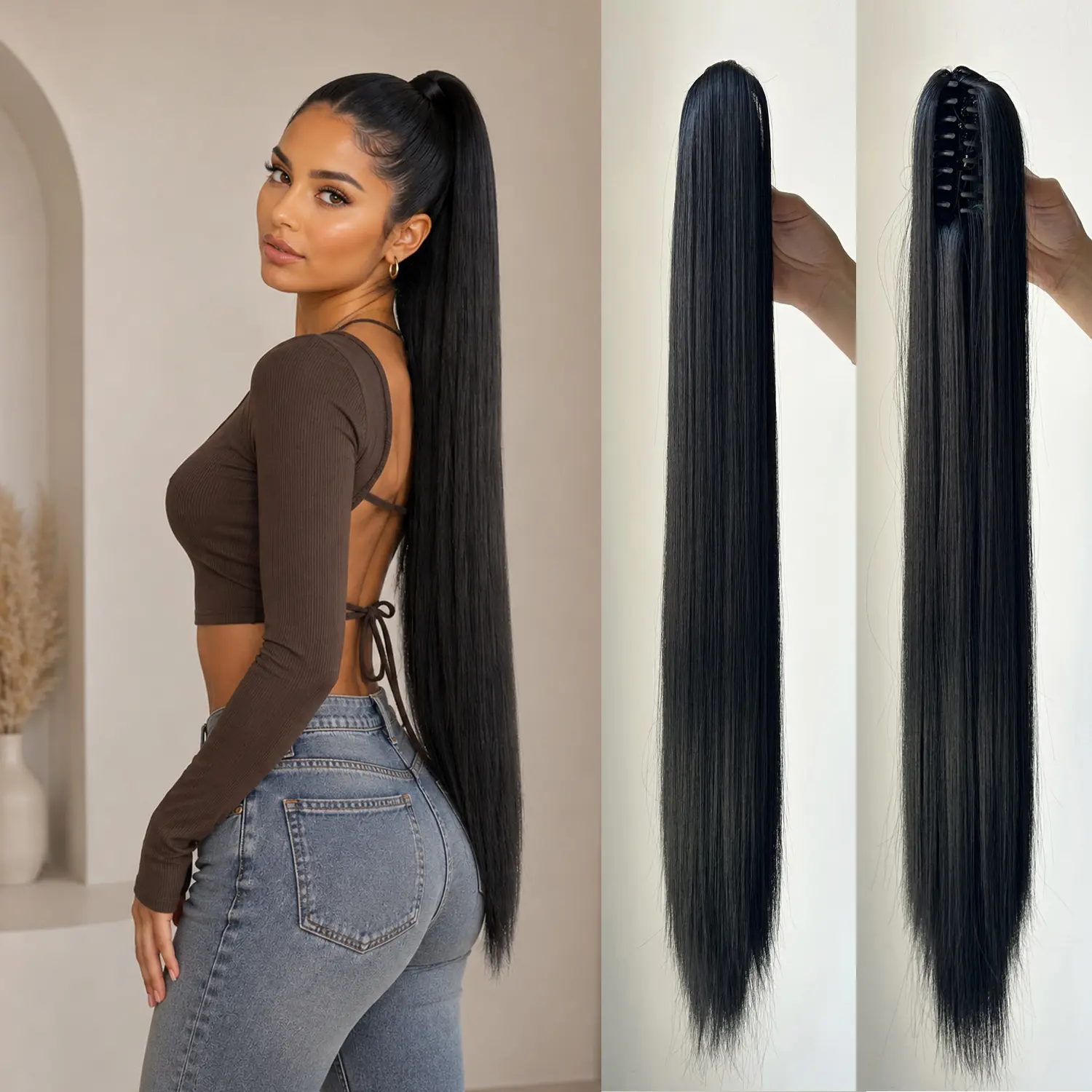 30 Inch Super Long Straight Claw Clip Ponytail Extension Synthetic Heat Resistant Fiber Black Fake Ponytail Easy Install Daily Party Hairstyle For Women