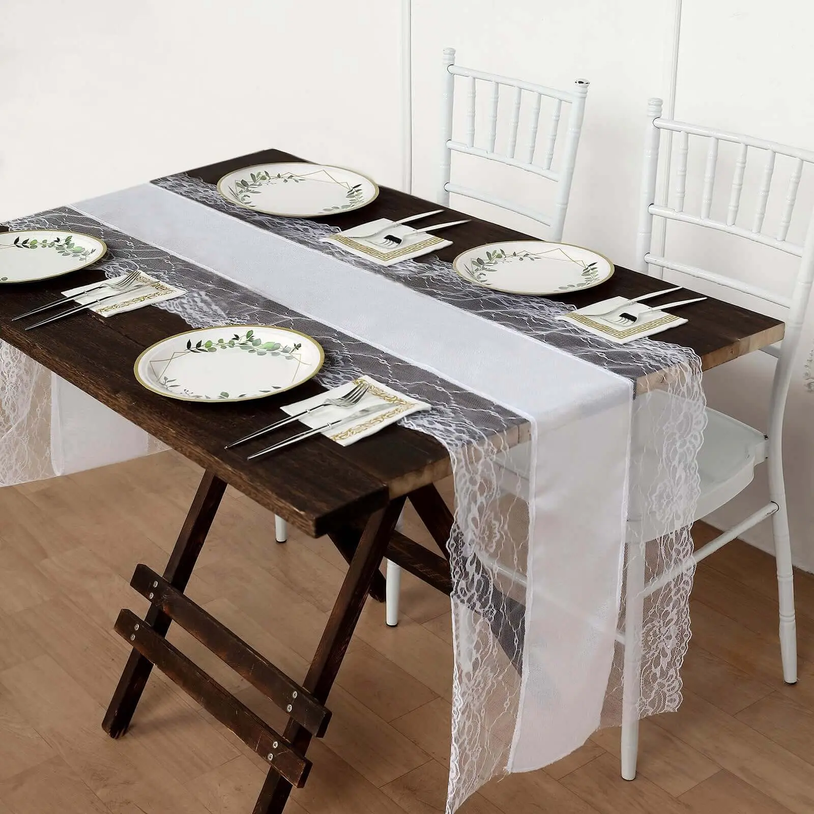 16"x108" Solid Faux Burlap Jute Table Runner, White-Lace Edging, Hand Wash Only - Rustic Farmhouse Decor for Outdoor Weddings, Household Kitchen Linens