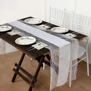 Faux Burlap Jute Table Runner 16"x108" White With Lace Edging - Rustic Farmhouse Tabletop Decor