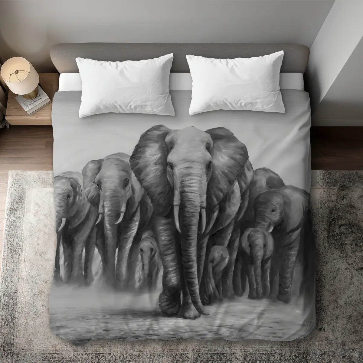 Begin Home Decor C1DCKSW0AFV1O7 Herd of Elephants Livingroom Gray King Size Duvet Cover - Home Decor