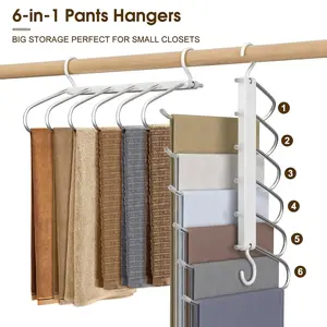 6 Layer Pants Hanger Space Saving Closet Organizer with 50mm Wide Spacing, Anti-Slip Multifunctional Pants Rack for Jeans Trousers Wardrobe,father‘s day gifts,Essential at home, graduation gift, Organiser