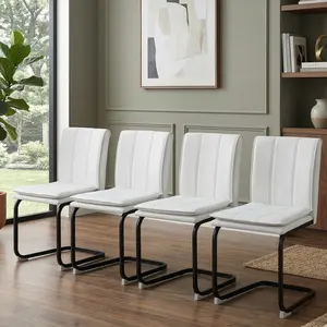 Modern PU Leather Dining Chair 4-Piece Set - White Kitchen Chairs with Black Metal Legs, Suitable for Living Room, Bedroom, Dining Room, and Office, Easy to Clean, Space-Saving, White