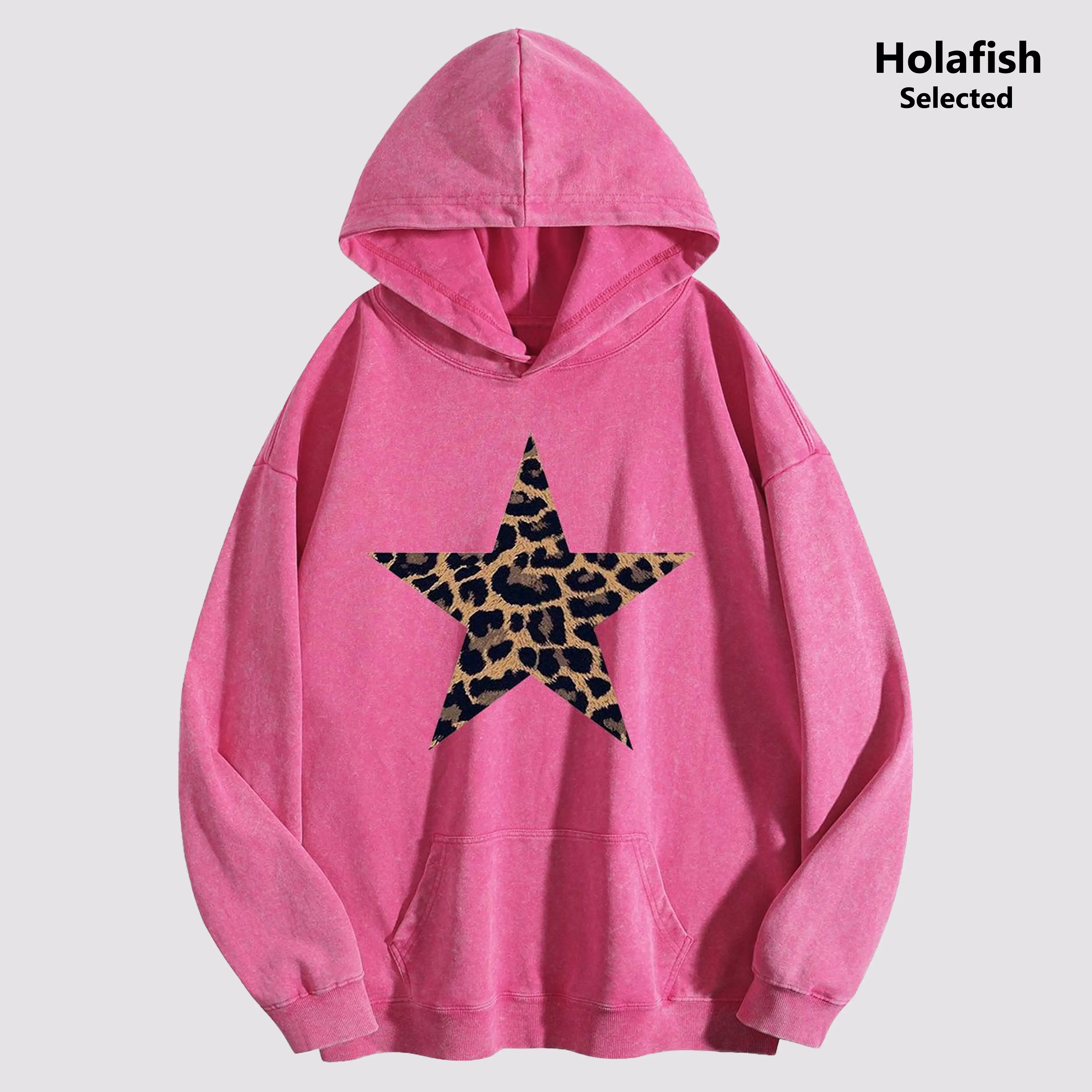 Holafish Unisex Oversized Acid Wash Hoodie Leopard Print Star Pattern Heavyweight Sweatshirt Loose Fit Everyday Casual Streetwear for Fall Weekends