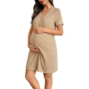 Women’s Pregnancy Maternity Clothing, Short Sleeve V-Neck Open Front Buttoned Labor and Delivery Night Gown