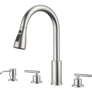 2 Handle Kitchen Faucet, 3 Hole Kitchen Sink Faucet with Soap Dispenser, High Arc Brushed Nickel Stainless Steel 4 Hole Faucet for Kitchen Sink