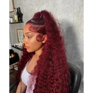 250 Density 13x4 Curly 99J Burgundy Lace Front Wig Red Wine Colored 30 40 Inch Deep Wave 13x6 HD Lace Frontal Human Hair Wigs