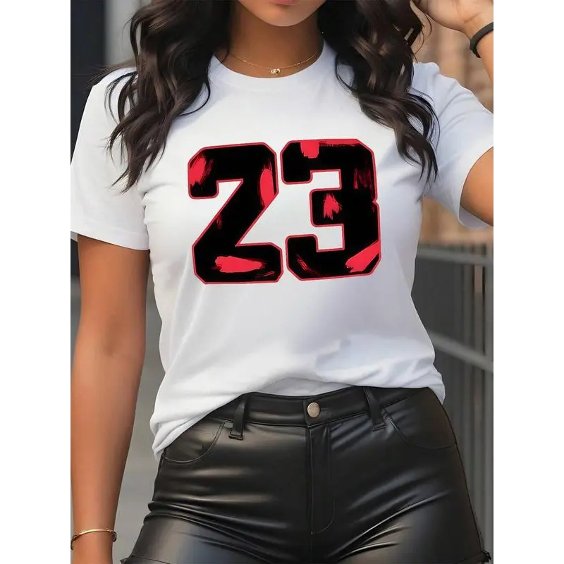 [100% Cotton] Women'S Number 23 Print Round Neck Tee, Fashion Casual Short Sleeve T-Shirt For Daily Wear, Ladies Summer Clothes Golf Gift T-Shirt For Men And Women