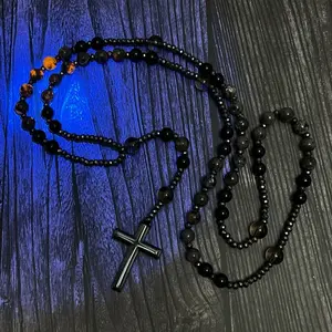 Natural Obsidian Yooperlite Rosary UV Reactive Protection Hematite Stone Cross Pendant for her, for him necklace Fashionable Collarbone Chain elegant rhinestone gift sparkly Adjustable Heart Rate Couples Set Day woman party Daily Bible Verse daughter
