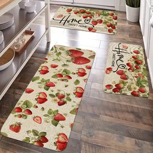 JIT 1/2/3 pcs of cotton flannel strawberry entry floor carpet, suitable for various scenarios for carpet decoration. Kitchen carpet set, cotton flannel bedside mat. Washable bedside soft carpet, suitable for kitchen and corridor floors, running pad carpet