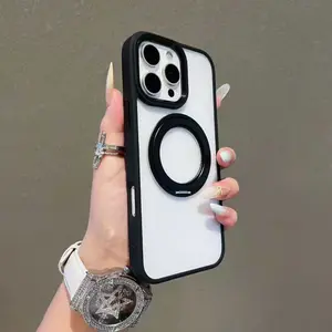 Transparent Frosted Ultra-thin 360° Rotating Stand Magnetic Charging Drop-proof Case, Shockproof Pivot Point Magnetic Case for iPhone 16Pro 15 14 13, Cover